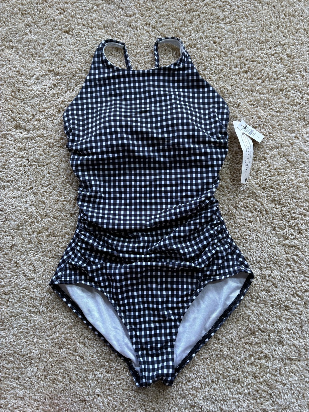 Miraclesuit x Talbots Gingham High Neck Ruched One Piece Swimsuit Size 8 UPF 50+